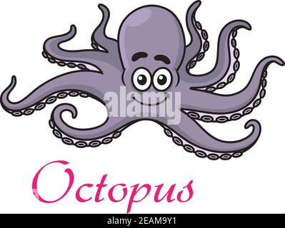 Cute cartoon octopus with a happy smiling face and waving tentacles on white with the text - Octopus - below Stock Vector