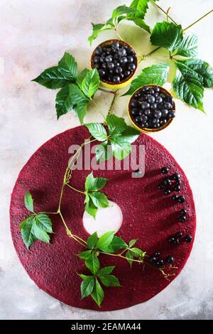 Pastila of black currant berries on a light background. Nearby is a branch with green leaves. Black currants in ceramic dishes. Stock Photo