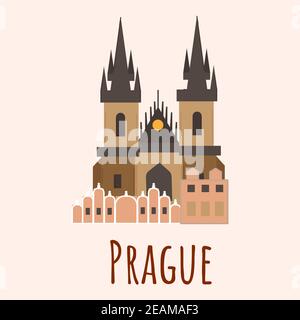 Cartoon flat Church of the Virgin Mary before Tyn in Prague. Symbol of Czech. Vector flat illustration isolated on white background Stock Vector