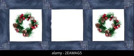 Rectangular frame with three boxed sections made of dark blue jeans with decorative Christmas wreaths in the sections. Isolated on white background. B Stock Photo