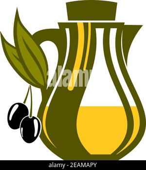 Green color jar of fresh golden olive oil with olive leaves and two black olives isolated over white background suitable for food and agriculture indu Stock Vector