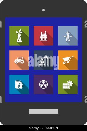 Set of flat industrial icons of oil, factory, electricity pylon, tractor, mining, drilling, wheelbarrow, crude oil, radioactivity and solar panel on a Stock Vector