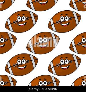 Seamless pattern of brown colored cartoon American footballs with cute little faces in square format for wallpaper and sports design Stock Vector