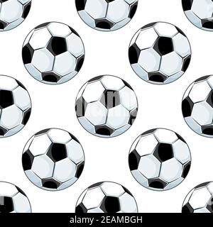Seamless background pattern of black and white footballs or soccer balls in square format with a repeat motif for sporting design Stock Vector