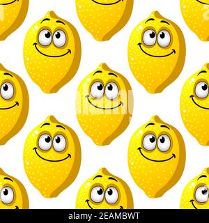 Seamless background pattern of smiling yellow cartoon lemons with googly eyes in square format for wallpaper or textile design Stock Vector