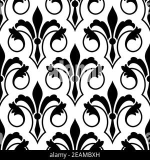 Fleur de Lys seamless bakground pattern with ornate motifs with a stylized scrolling elegant foliate pattern in a black and white vector illusration w Stock Vector