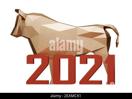 figurine of a simplified polygonal metal golden bull and red number 2021, isolated on white, symbol of the new year 2021, 3d render Stock Photo