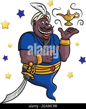 Cartoon genie with golden lamp and wapon for fairytale design Stock Vector