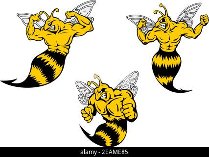 Angry yellow and black cartoon wasp or hornets with a sting shaking his fist and baring his teeth, cartoon illustration on white Stock Vector