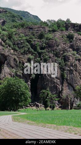 close-up of a layered granite rock mountain with lava flow stratifications in evidence Stock Photo