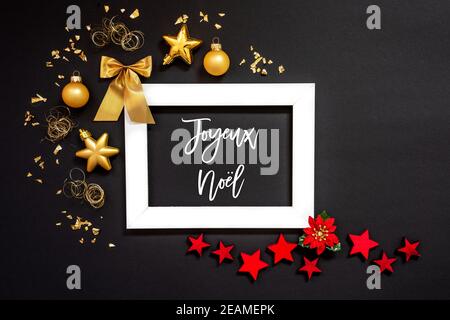 Frame, Red And Golden Christmas Decoration, Joyeux Noel Means Merry Christmas Stock Photo