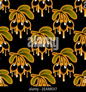 Seamless background pattern of a repeat motif of golden olive oil dripping from bunch of black olives isolated on black background and suitable for fo Stock Vector