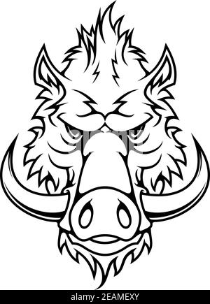 Black and white head of a fierce wild boar with long curving tusks staring directly at the viewer Stock Vector