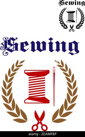 Sewing signs with spool, needle, scissors and laurel wreath in red and black colors isolated over white background suitable for fabric industry Stock Vector