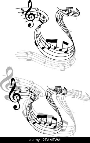 Two different grayscale designs of a swirling music score with musical notes and perspective for musical design Stock Vector