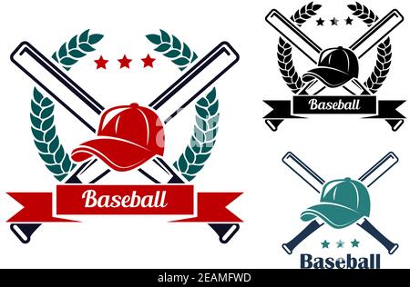 Baseball symbols with laurel wreath, crossed bats and caps for sports design Stock Vector