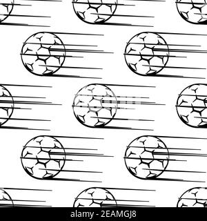 Seamless black and white pattern of soccer balls or footballs with motion trail flying through the air in square format for sporting design Stock Vector