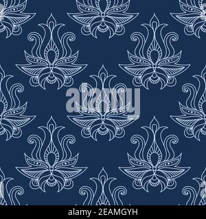 Seamless white colored floral paisley pattern in damask style motifs suitable for wallpaper, tiles and fabric design in square format isolated over bl Stock Vector
