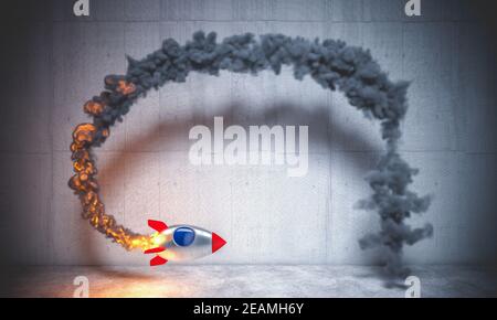 space rocket flying in a circle creating a smoke trail. Stock Photo