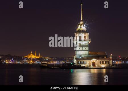 Famous Maiden's Tower in Istanbul, Turkey. long exposure night lights Stock Photo
