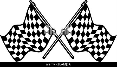 Two crossed black and white checkered flags waving in the wind conceptual of motor sport, isolated on white Stock Vector