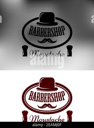 Classy Barber Shop icon, emblem or label with an oval frame with a vintage bowler hat and moustache and the words Barber Shop with Moustache below wit Stock Vector