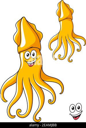 Colorful smiling cartoon squid with curling tentacles isolated on white for sealife design Stock Vector