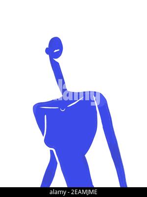 Blue Woman Silhouette Chest, Modern and abstract figure Henri Matisse Vibe. Expressionism and Fauvism Art. Hand Paint in blue for print and poster. Isolated on white Stock Photo