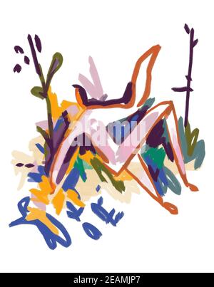 Abstract Person Paint on Colorful character with abstract plan and flower. Expressionism and modern painting. Abstract art. Stock Photo