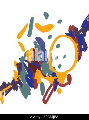Abstract paint with shapes and lines. Colorful illustration with yellow, blue, red, pink. Gouache and pastel color. For print, home decor and poster Stock Photo