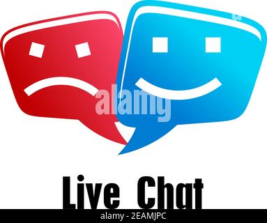 Live Chat icon with two speech bubbles with faces, one unhappy in red and one smiling in blue, above the text - Live chat Stock Vector