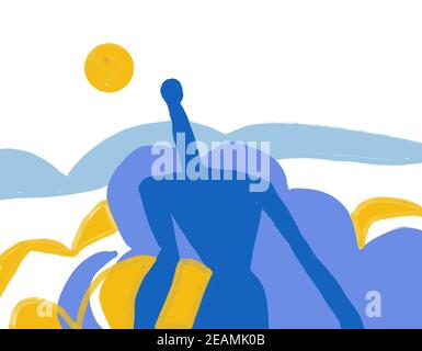 someone in minimalist nature. Abstract and trendy Painting. flat and cut out style. For print and poster. Yellow and blue color isolated on white Stock Photo