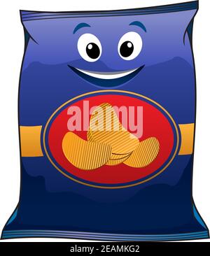 Potato chips packet cartoon character isolated on blue background for fast food design Stock Vector