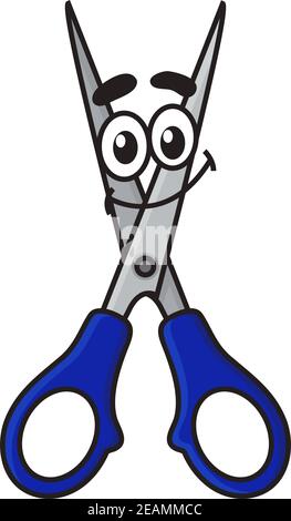 Cute happy cartoon character of sharp scissors with smiley face and big eyes isolated on white Stock Vector