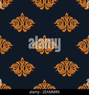 Arabesque damask style seamless pattern with repeat floral motifs in orange on a navy blue background suitable for fabric and wallpaper design Stock Vector