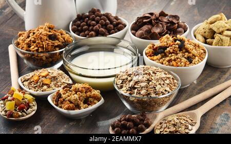 Composition with different sorts of breakfast cereal products Stock Photo