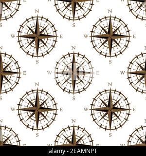 Seamless background pattern of a repeat motif of vintage navigation circular compass with star design or logo isolated on white background Stock Vector