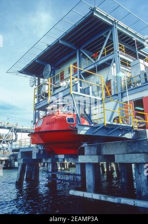 LAKE MARACAIBO, VENEZUELA, OCTOBER 1988 - Lagoven oil company submersible boat at dock, in Zulia State. Stock Photo