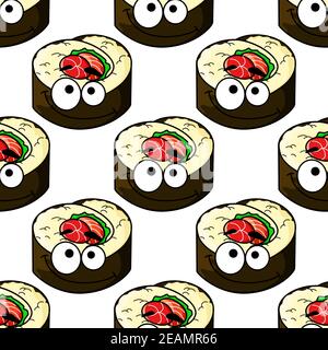 Gourmet sushi with shrimps, raw fish and seaweed seamless background pattern with a repeat motif in square format Stock Vector