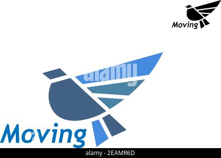 Blue pigeon as a stylized bird with raised wings perched on the text - Moving - in two color variants Stock Vector