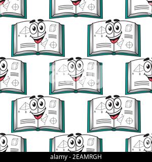Seamless background pattern of a happy science textbook with a repeat motif of an open book with a cute smile and scientific or mathematical diagrams Stock Vector