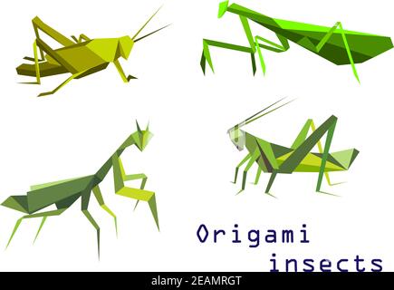 Set of green origami insects with a grasshopper, praying mantis, mantis and locust, side view colorful cartoon illustration Stock Vector