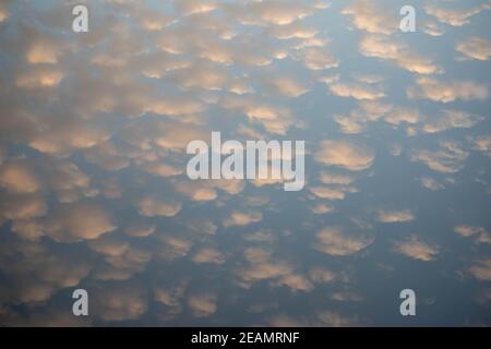 Golden hour sunlight on the sky reflected in a tranquil lake. Stock Photo