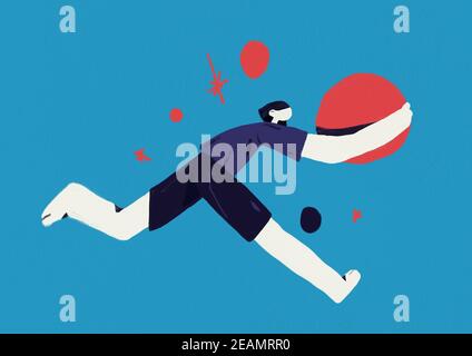 Someone Run with big Red Ball. Is Running Hurriedly From Red Negativity Steel Ball In Forward Motion. It Means Trying To Avoid Much Quantity Of Negative Attitude Stock Photo