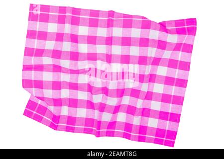 Towels isolated. Close-up of pink and white checkered napkin or picnic tablecloth texture isolated on a white background. Kitchen towel. Stock Photo