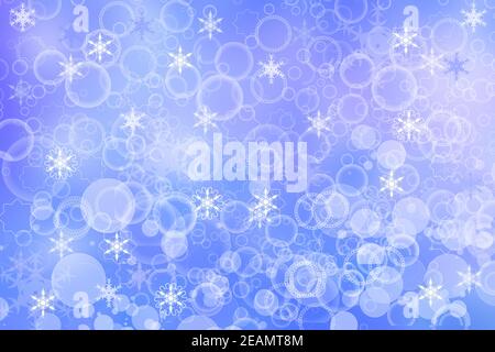 Abstract blurred festive light blue winter christmas or Happy New Year background texture with shiny blue and white bokeh lighted glittering snowflakes and stars. Space for your design. Card concept. Stock Photo
