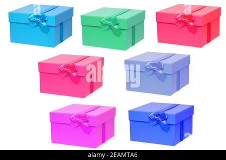 Gift boxes isolated. Collection set of various coloured closed Christmas gift boxes isolated on a white background. Stock Photo