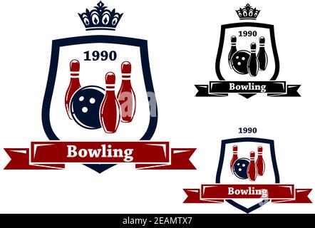 Three different bowling badges or emblems with pins and a bowling ball inside a shield with a ribbon banner containing the text - Bowling - two with c Stock Vector