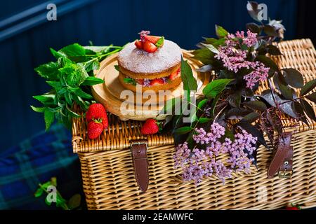 Victoria sponge cake on a picnic basket. Stock Photo
