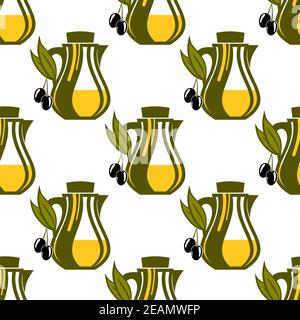 Seamless pattern of olive oil decanters in green and yellow with ripe olives hanging from the handle, repeat motif cartoon vector illustration on whit Stock Vector